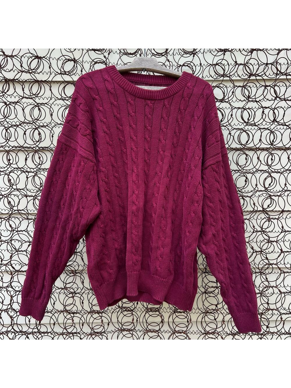 Vintage 90s Eddie Bauer Maroon Wine Cable Knit Crewneck Sweater Cotton XL